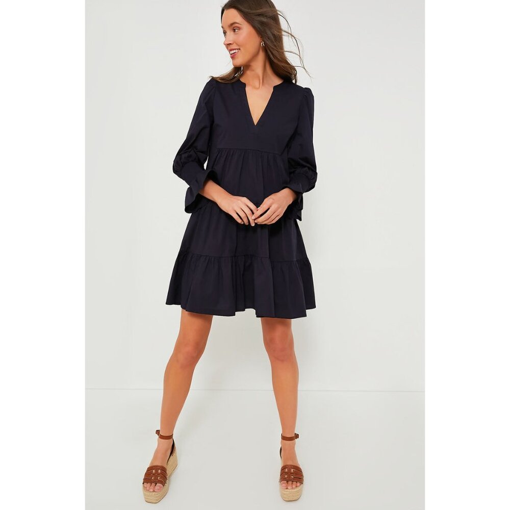 Pomander Place Womens Size XS Navy Blue Cotton Poplin Kenzo Tiered Mini Dress
